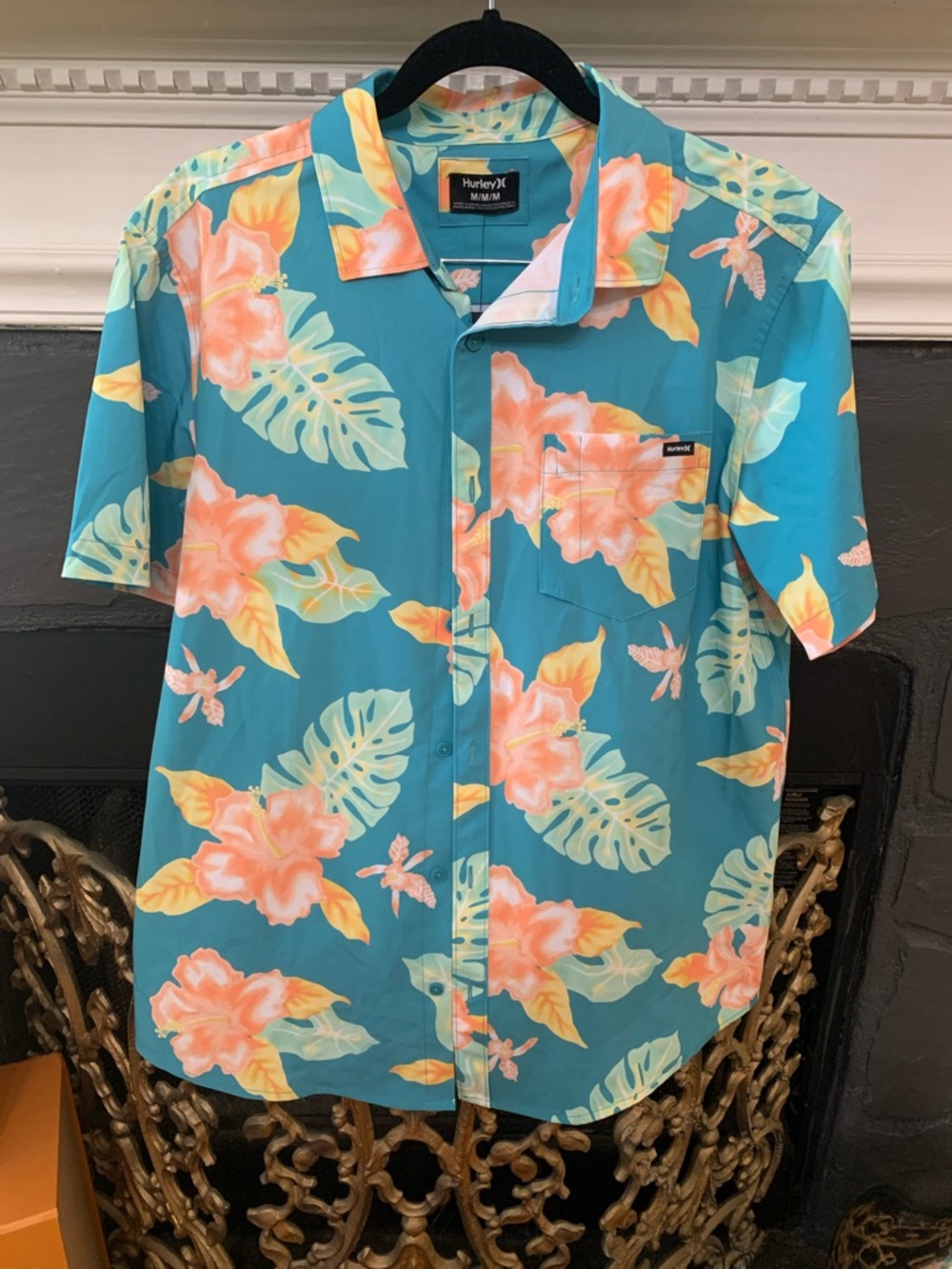 Hurley Teal Floral Camp Shirt with Coral and Yellow Accents